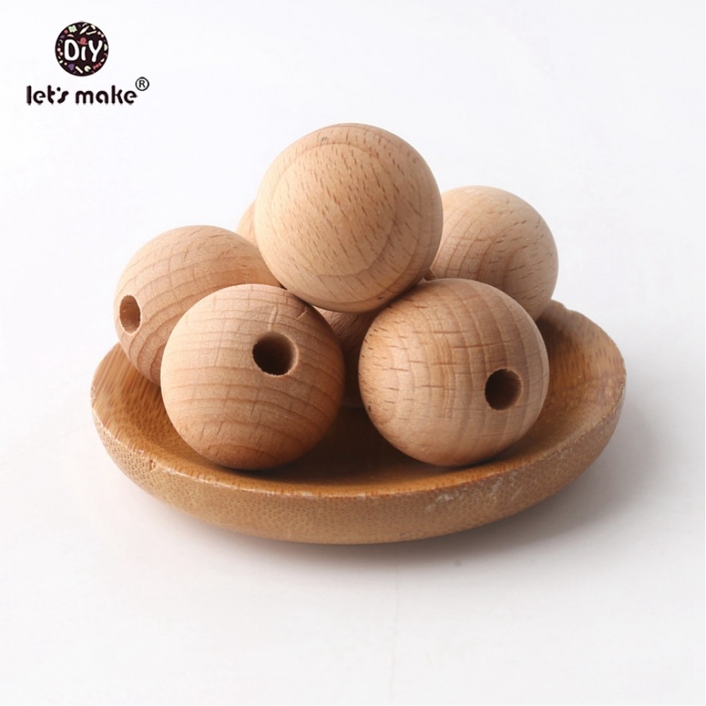 Lets Make 100PC Wooden Teether Chewable 8-20mm Round Beads Ecofriendly Unfinished Beech Beads DIY Craft Jewelry Accessories