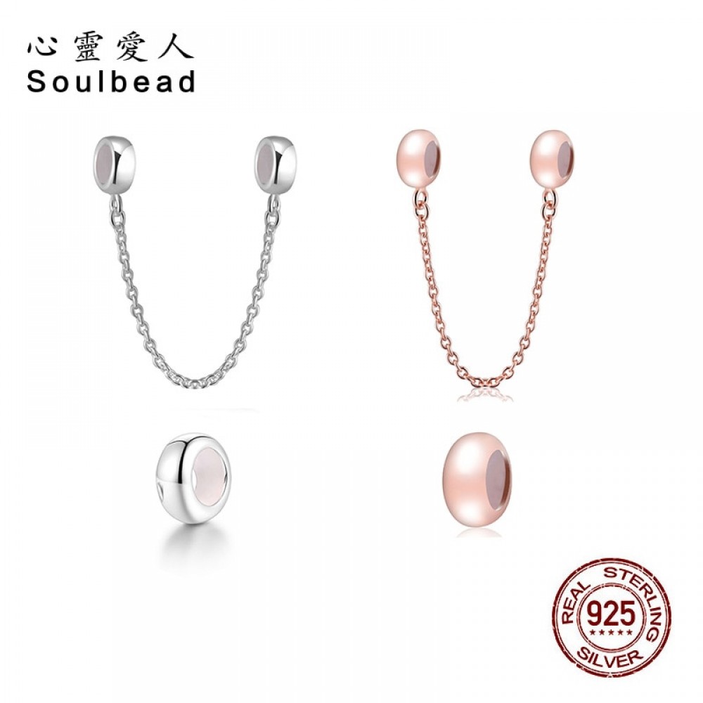 Soulbead Rose Gold Safety Chain with Rubber Sterling Silver European Style Stopper Beads Fit Pandora Bracelets Women Diy Jewelry