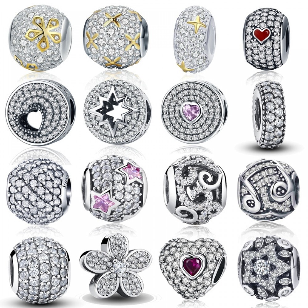 WOSTU 100% Authentic 925 Sterling Silver Dazzling Clear CZ Charm Beads Fit DIY Charm Bracelet Pendants Original Jewelry Gift