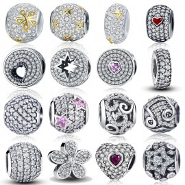 WOSTU 100% Authentic 925 Sterling Silver Dazzling Clear CZ Charm Beads Fit DIY Charm Bracelet Pendants Original Jewelry Gift