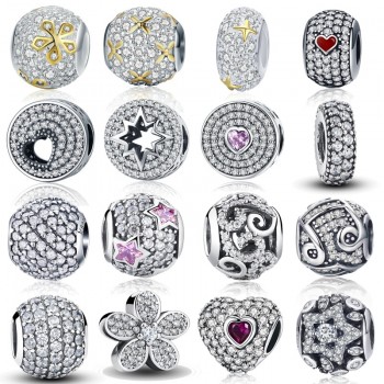 WOSTU 100% Authentic 925 Sterling Silver Dazzling Clear CZ Charm Beads Fit DIY Charm Bracelet Pendants Original Jewelry Gift