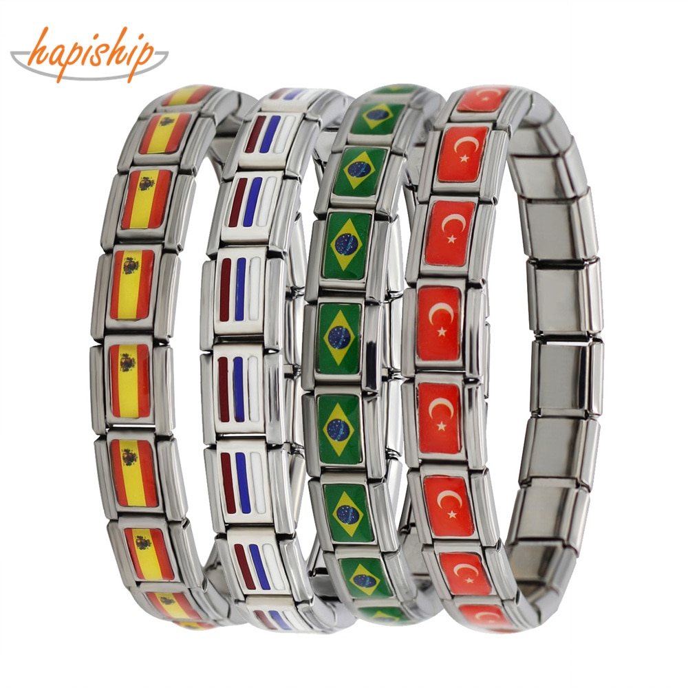 Hapiship 2018 New Fashion Jewelry Spain/Brazil/Turkey National Flag Stainless Steel 18 links Bracelet Bangle For Women Men G027