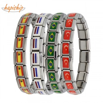 Hapiship 2018 New Fashion Jewelry Spain/Brazil/Turkey National Flag Stainless Steel 18 links Bracelet Bangle For Women Men G027