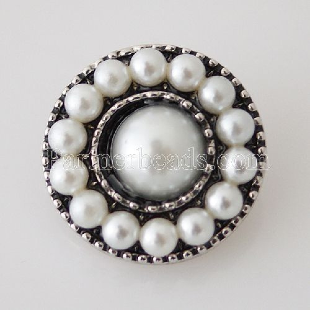 Ginger 20MM beautiful white flower pattern snap beads Silver Plated pearl beads interchangeable chain snap jewelry KB7455