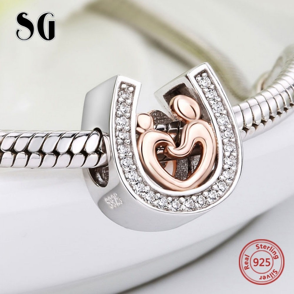 Silver 925 horseshoe CZ Charms diy Mom and son hand in hand Beads Fit Original pandora Bracelet pendant Jewelry making gifts