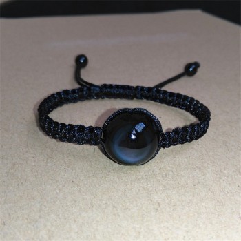 16mm Bracelets Bangles Natural Black Obsidian Bracelet Hand Woven Lucky Red Rope Rainbow Eye Beads Ball For Couple Men Women