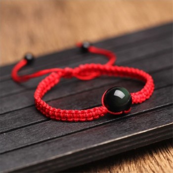 16mm Bracelets Bangles Natural Black Obsidian Bracelet Hand Woven Lucky Red Rope Rainbow Eye Beads Ball For Couple Men Women