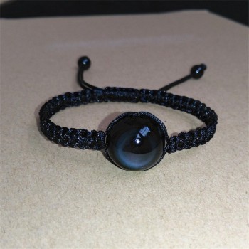 16mm Bracelets Bangles Natural Black Obsidian Bracelet Hand Woven Lucky Red Rope Rainbow Eye Beads Ball For Couple Men Women