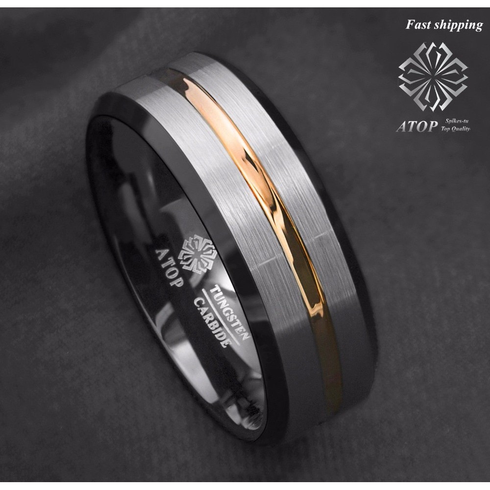 ATOP 8Mm Mens wedding band Silver brushed Black edge Tungsten ring Gold inlay Free Shipping
