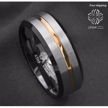 ATOP 8Mm Mens wedding band Silver brushed Black edge Tungsten ring Gold inlay Free Shipping