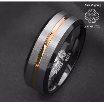 ATOP 8Mm Mens wedding band Silver brushed Black edge Tungsten ring Gold inlay Free Shipping