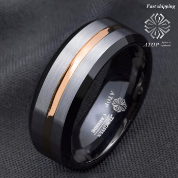 ATOP 8Mm Mens wedding band Silver brushed Black edge Tungsten ring Gold inlay Free Shipping