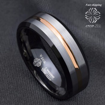 ATOP 8Mm Mens wedding band Silver brushed Black edge Tungsten ring Gold inlay Free Shipping