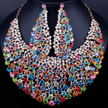 Elegant Wedding Jewelry Full Color Crystal Rhinestones Necklace Earrings for Women African Jewelry sets