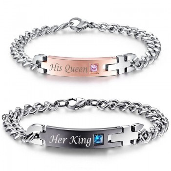 Drop Shipping Unique Gift for Lover His QueenHer King  Couple Bracelets Stainless Steel Bracelets For Women Men Jewelry