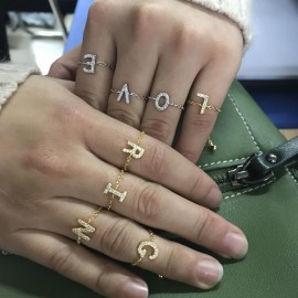 silder adjust chain letter A TO Z cute stunning fashion women delicate chain ring simple CZ sparkling LOVE Letter charms Ring