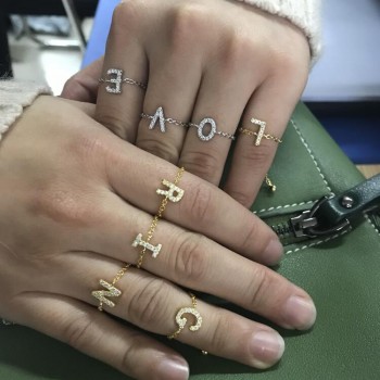 silder adjust chain letter A TO Z cute stunning fashion women delicate chain ring simple CZ sparkling LOVE Letter charms Ring