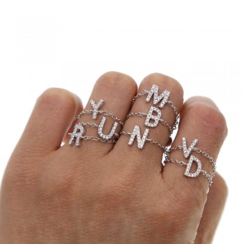 silder adjust chain letter A TO Z cute stunning fashion women delicate chain ring simple CZ sparkling LOVE Letter charms Ring