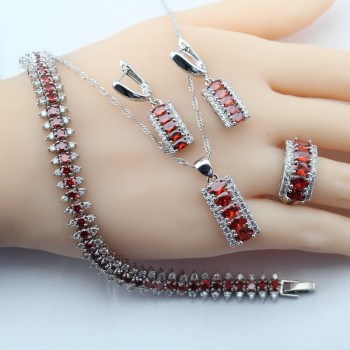 4PCS Blue Cubic Zirconia 925 Silver Color Jewelry Sets For Women Bracelets Necklace Pendant Earrings Rings Free Gift Box