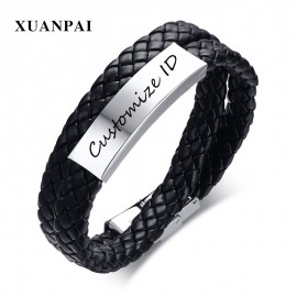 XUANPAI 11mm Free Engraving/Record Customized ID Bracelet for Mulheres Cool Double Layers Braided Leather Identification 7.7