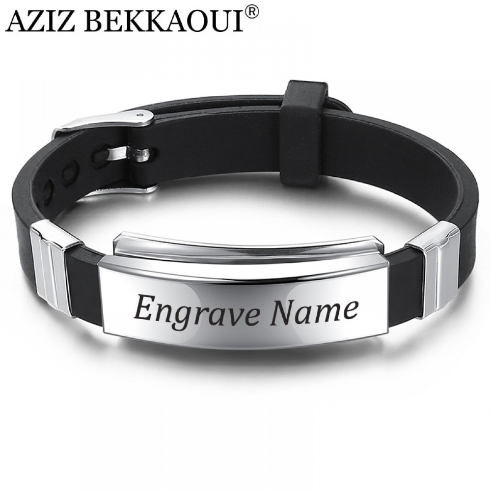 AZIZ BEKKAOUI Engrave Name Black Silicone Bracelet for Men Stainless Steel Leather Bracelets Fashion Punk Men Jewelry