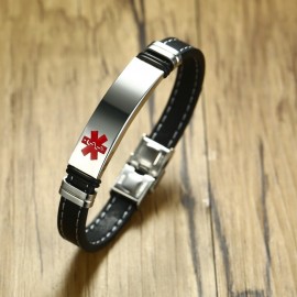 DIABETES EPILEPSY ALLERGY COPD ALLERGY WARFARIN  ASTHMA PACEMAKER HYPOGLYCEMIA Black Leather Medical ID Bracelet