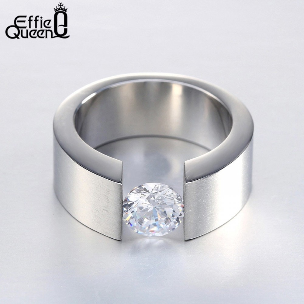 Effie Queen Men Women Wedding Band Titanium Steel Rings Bague Homme Wiredrawing Fashion Stainless Steel Cubic Zircon Ring IR23