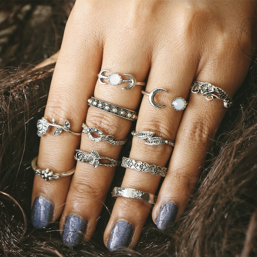New 11pcs/Set Vintage Punk Antique Moon Leaf Flower Carved Midi Finger Rings For Women Bohemian Knuckle Ring Set Jewelry Anillos