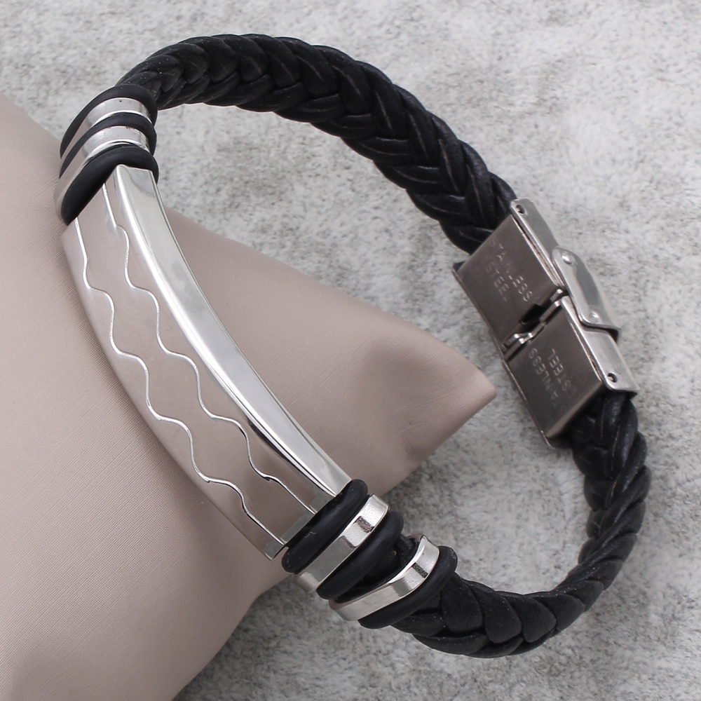 New Fashion Punk Women amp; Men Bracelet Black Briade PU Leather Bangle Bracelet With Stainless Steel Clasp Carved ID Bangles Gift