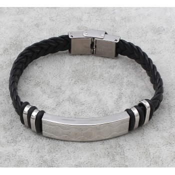 New Fashion Punk Women amp; Men Bracelet Black Briade PU Leather Bangle Bracelet With Stainless Steel Clasp Carved ID Bangles Gift