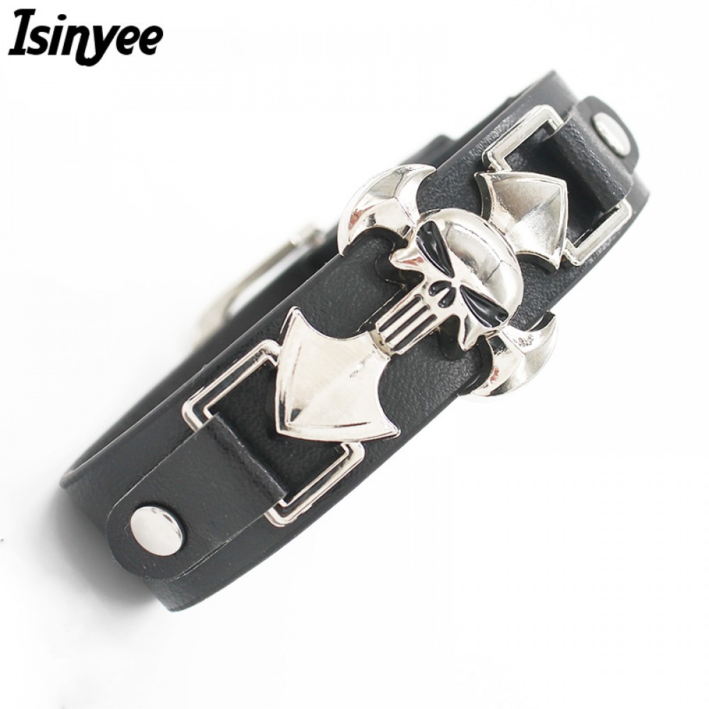 ISINYEE 2017 Skeleton Skulls Bracelet Wide Leather Cross Bracelets Bangles For Women Men Silver Punk Jewelry Best Friends Gift