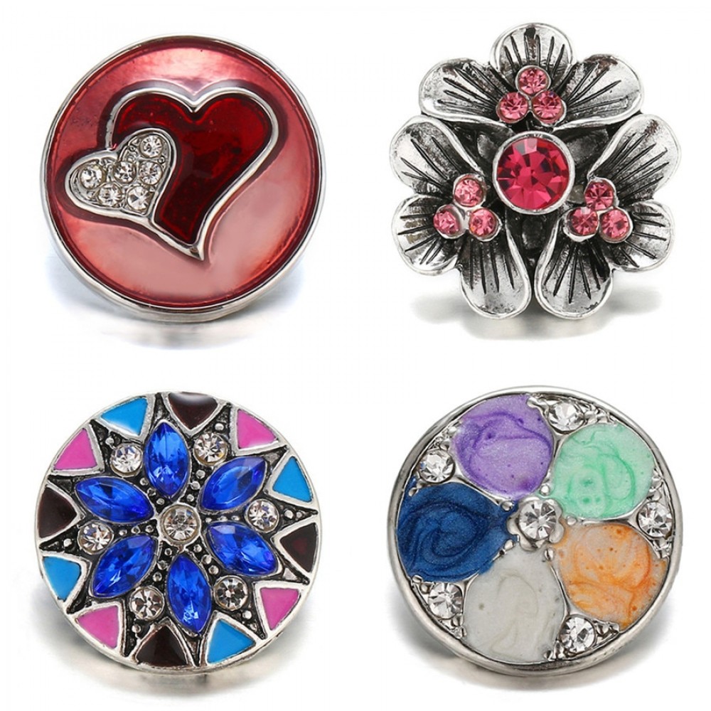 New Beauty Love hearts Flowers Rhinestone Colorful 18MM Metal snap buttons for DIY snap bracelet jewelry wholesale KZ1644