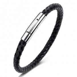 Fashion Stainless Steel Leather Bracelet Mens Womens Casual Black/Brown Genuine Leather Woven Wristband Jewelry Pulseiras
