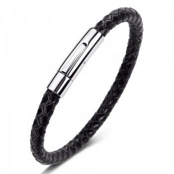 Fashion Stainless Steel Leather Bracelet Mens Womens Casual Black/Brown Genuine Leather Woven Wristband Jewelry Pulseiras