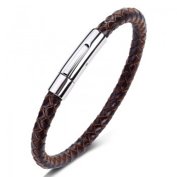 Fashion Stainless Steel Leather Bracelet Mens Womens Casual Black/Brown Genuine Leather Woven Wristband Jewelry Pulseiras