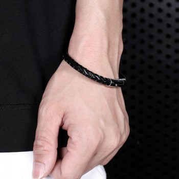 Fashion Stainless Steel Leather Bracelet Mens Womens Casual Black/Brown Genuine Leather Woven Wristband Jewelry Pulseiras