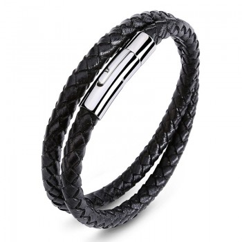 Fashion Stainless Steel Leather Bracelet Mens Womens Casual Black/Brown Genuine Leather Woven Wristband Jewelry Pulseiras