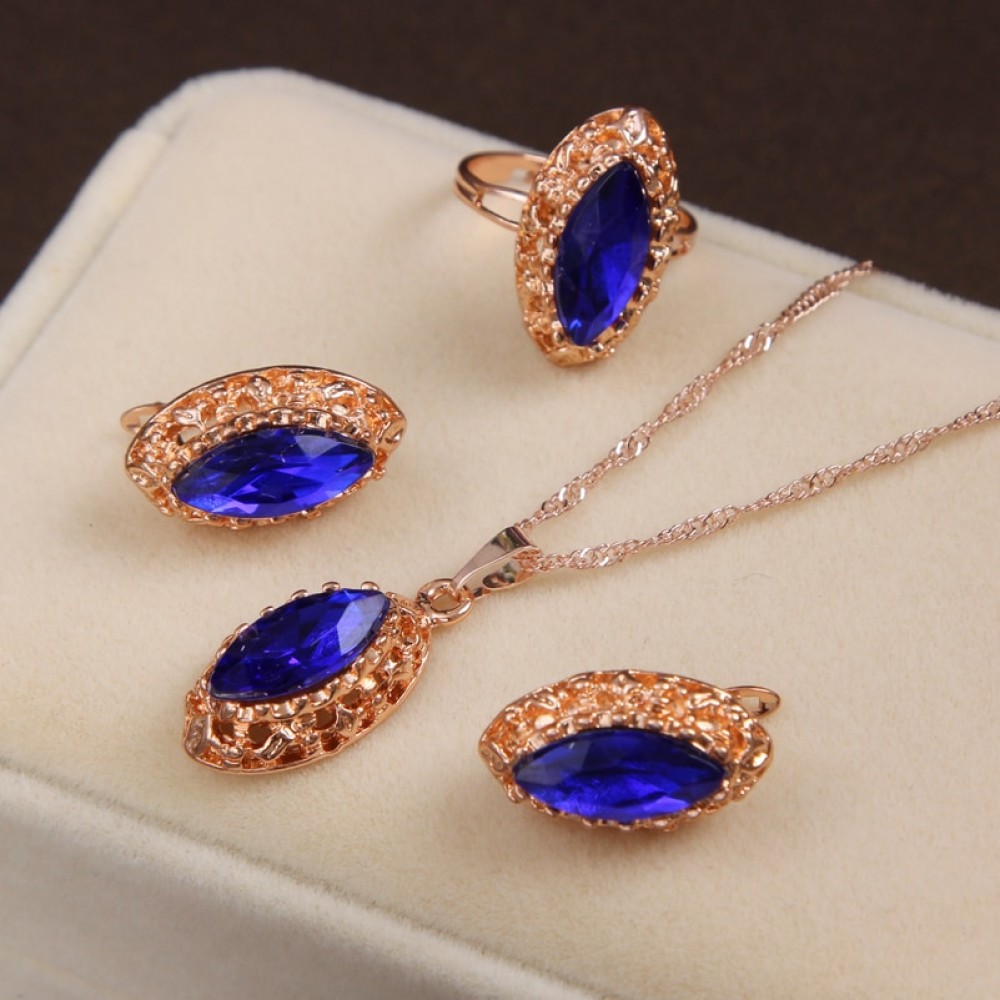 MINHIN Gold Color Long Chain Necklace Blue Synthetic Crystal Pendant Jewelry Womens Luxury 3 Pieces Wedding Jewelry Set