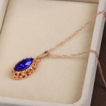 MINHIN Gold Color Long Chain Necklace Blue Synthetic Crystal Pendant Jewelry Womens Luxury 3 Pieces Wedding Jewelry Set