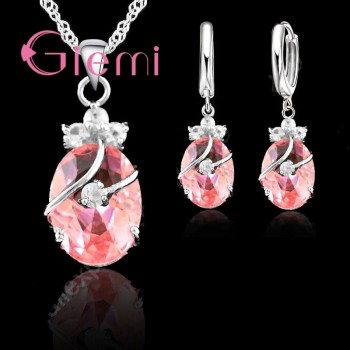New Arrival 925 Sterling Silver Bridal Jewelry Sets Charming Oval Crystal Stone Flower Pendant Necklace Loop Earrings