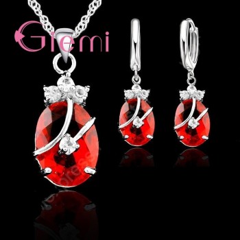 New Arrival 925 Sterling Silver Bridal Jewelry Sets Charming Oval Crystal Stone Flower Pendant Necklace Loop Earrings