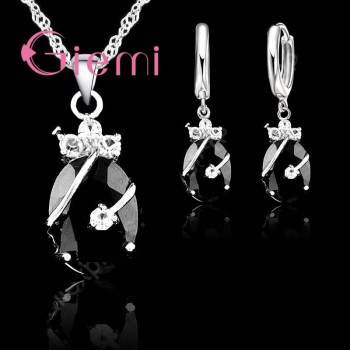 New Arrival 925 Sterling Silver Bridal Jewelry Sets Charming Oval Crystal Stone Flower Pendant Necklace Loop Earrings