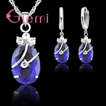 New Arrival 925 Sterling Silver Bridal Jewelry Sets Charming Oval Crystal Stone Flower Pendant Necklace Loop Earrings