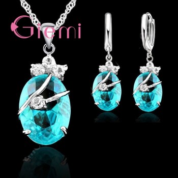 New Arrival 925 Sterling Silver Bridal Jewelry Sets Charming Oval Crystal Stone Flower Pendant Necklace Loop Earrings