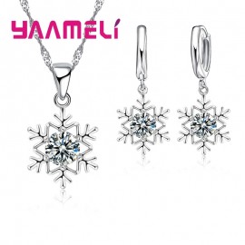 Qualified Snowflake Women 925 Sterling Silver Jewelry Sets Clear Cubic Zircon CZ Crystal Pendant Necklaces Earrings Party Gift
