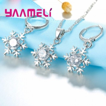Qualified Snowflake Women 925 Sterling Silver Jewelry Sets Clear Cubic Zircon CZ Crystal Pendant Necklaces Earrings Party Gift