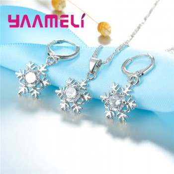 Qualified Snowflake Women 925 Sterling Silver Jewelry Sets Clear Cubic Zircon CZ Crystal Pendant Necklaces Earrings Party Gift