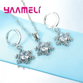 Qualified Snowflake Women 925 Sterling Silver Jewelry Sets Clear Cubic Zircon CZ Crystal Pendant Necklaces Earrings Party Gift