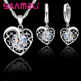 YAAMELI Romantic Heart Jewelry Set For Women Sterling 925 Silver Wedding Pendant Necklace Charm Hoop Earring Elegant Party Gift