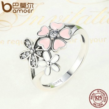 BAMOER 100% 925 Sterling Silver Pink Flower Poetic Daisy Cherry Blossom Bridal Jewelry Sets Wedding Engagement Jewelry ZHS028